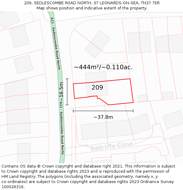 209, SEDLESCOMBE ROAD NORTH, ST LEONARDS-ON-SEA, TN37 7ER: Plot and title map