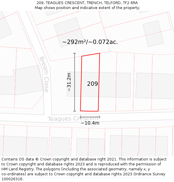 209, TEAGUES CRESCENT, TRENCH, TELFORD, TF2 6RA: Plot and title map