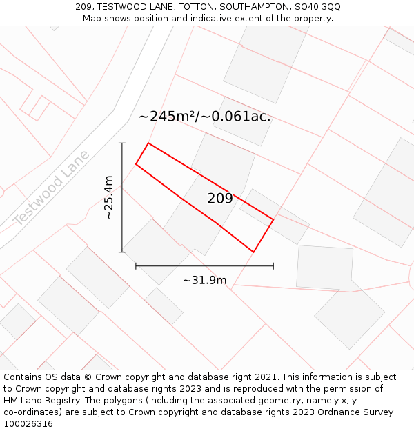 209, TESTWOOD LANE, TOTTON, SOUTHAMPTON, SO40 3QQ: Plot and title map