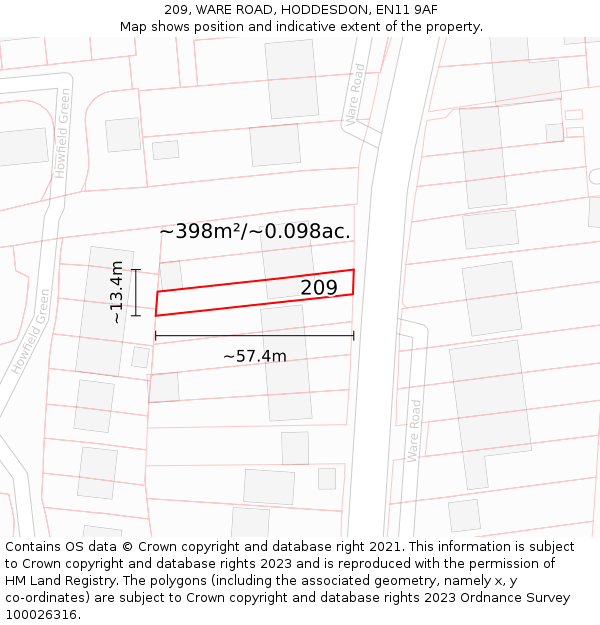 209, WARE ROAD, HODDESDON, EN11 9AF: Plot and title map