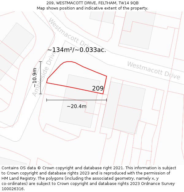 209, WESTMACOTT DRIVE, FELTHAM, TW14 9QB: Plot and title map