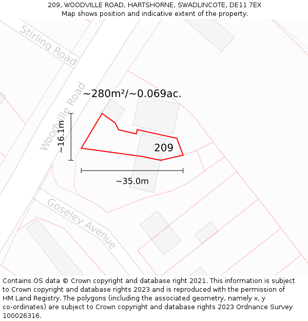 209, WOODVILLE ROAD, HARTSHORNE, SWADLINCOTE, DE11 7EX: Plot and title map