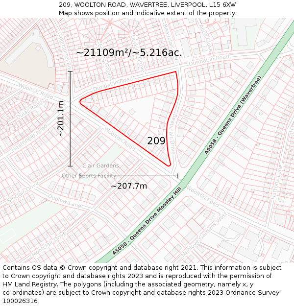 209, WOOLTON ROAD, WAVERTREE, LIVERPOOL, L15 6XW: Plot and title map