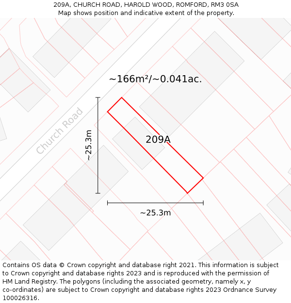 209A, CHURCH ROAD, HAROLD WOOD, ROMFORD, RM3 0SA: Plot and title map