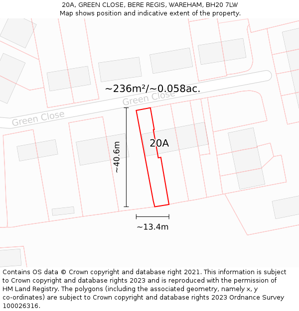 20A, GREEN CLOSE, BERE REGIS, WAREHAM, BH20 7LW: Plot and title map