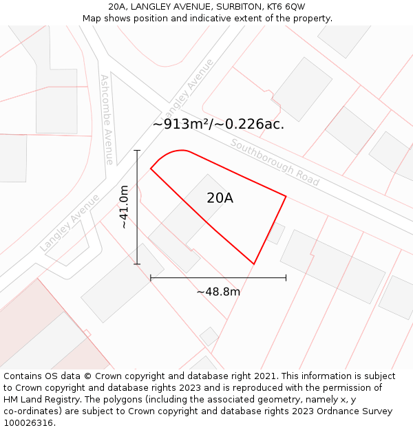 20A, LANGLEY AVENUE, SURBITON, KT6 6QW: Plot and title map