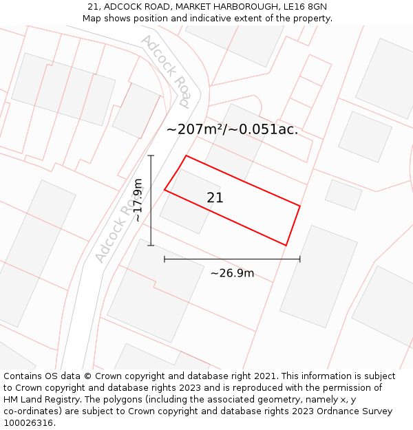 21, ADCOCK ROAD, MARKET HARBOROUGH, LE16 8GN: Plot and title map