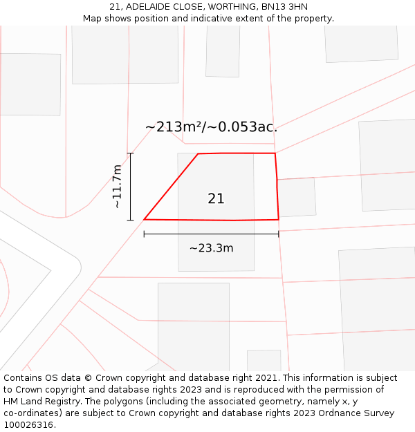 21, ADELAIDE CLOSE, WORTHING, BN13 3HN: Plot and title map