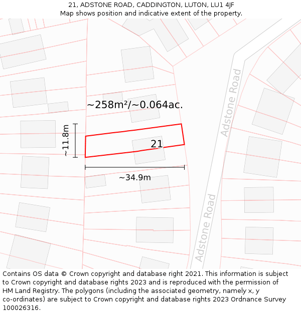 21, ADSTONE ROAD, CADDINGTON, LUTON, LU1 4JF: Plot and title map