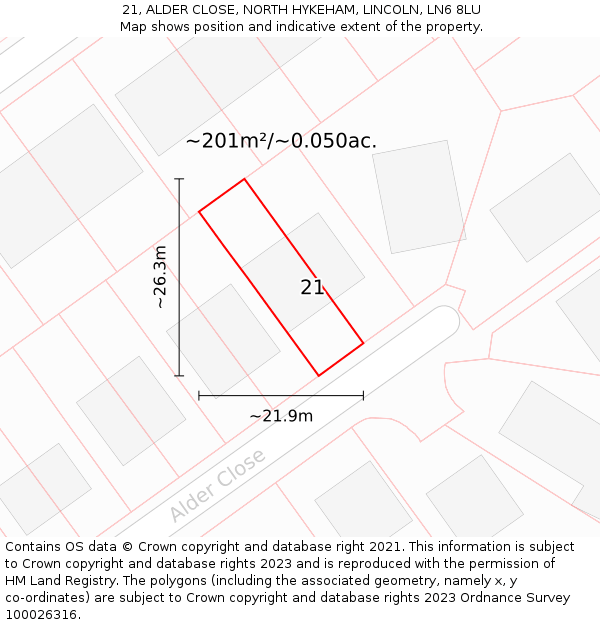 21, ALDER CLOSE, NORTH HYKEHAM, LINCOLN, LN6 8LU: Plot and title map