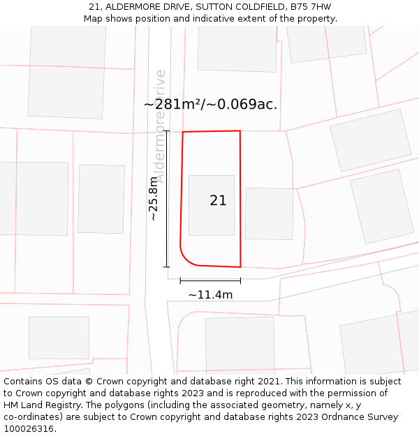 21, ALDERMORE DRIVE, SUTTON COLDFIELD, B75 7HW: Plot and title map