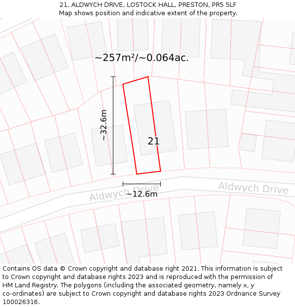 21, ALDWYCH DRIVE, LOSTOCK HALL, PRESTON, PR5 5LF: Plot and title map