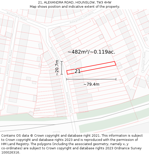 21, ALEXANDRA ROAD, HOUNSLOW, TW3 4HW: Plot and title map