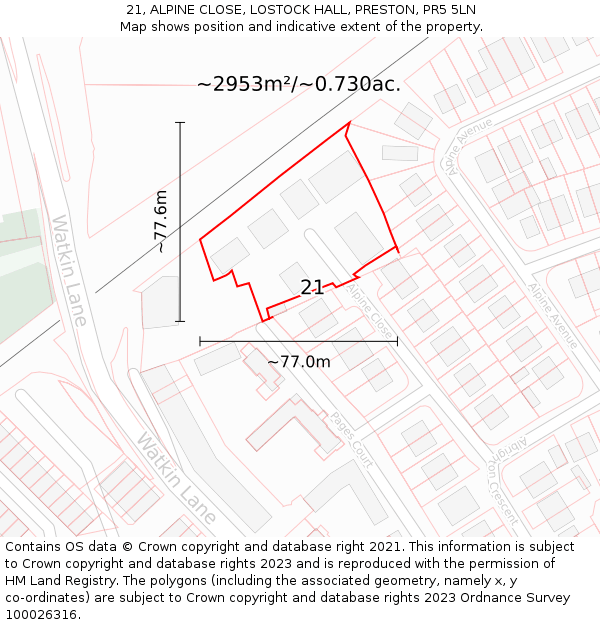 21, ALPINE CLOSE, LOSTOCK HALL, PRESTON, PR5 5LN: Plot and title map