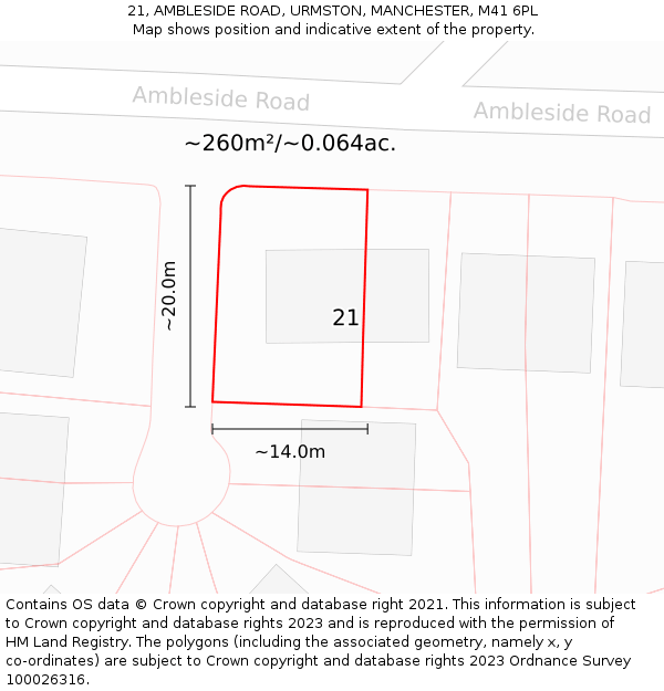 21, AMBLESIDE ROAD, URMSTON, MANCHESTER, M41 6PL: Plot and title map