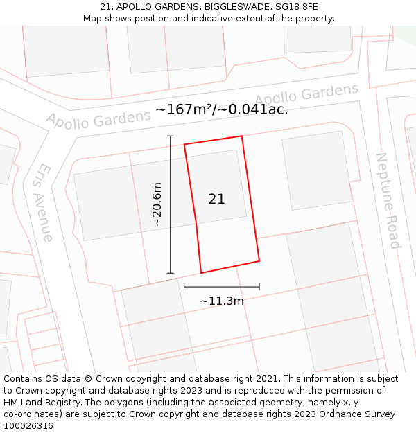 21, APOLLO GARDENS, BIGGLESWADE, SG18 8FE: Plot and title map