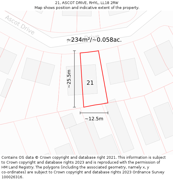 21, ASCOT DRIVE, RHYL, LL18 2RW: Plot and title map