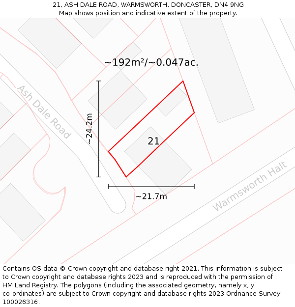 21, ASH DALE ROAD, WARMSWORTH, DONCASTER, DN4 9NG: Plot and title map