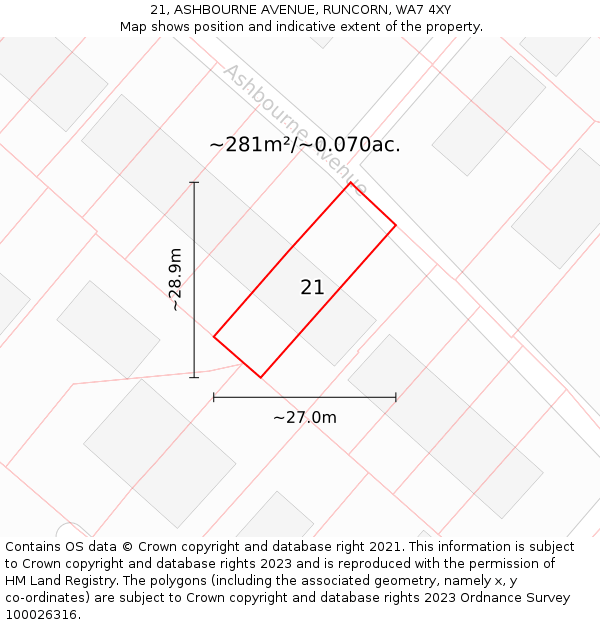 21, ASHBOURNE AVENUE, RUNCORN, WA7 4XY: Plot and title map