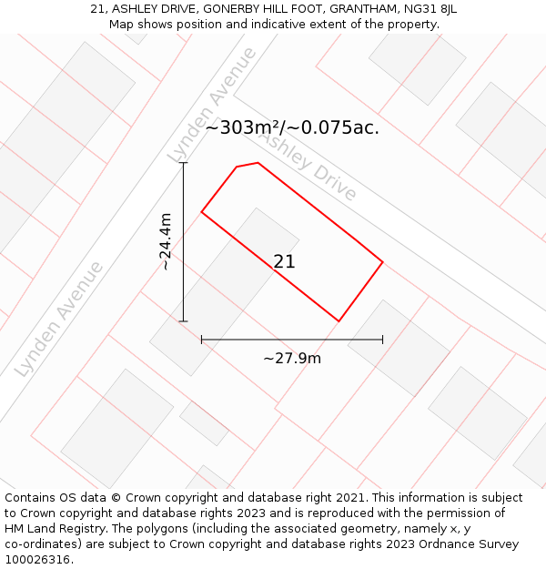 21, ASHLEY DRIVE, GONERBY HILL FOOT, GRANTHAM, NG31 8JL: Plot and title map