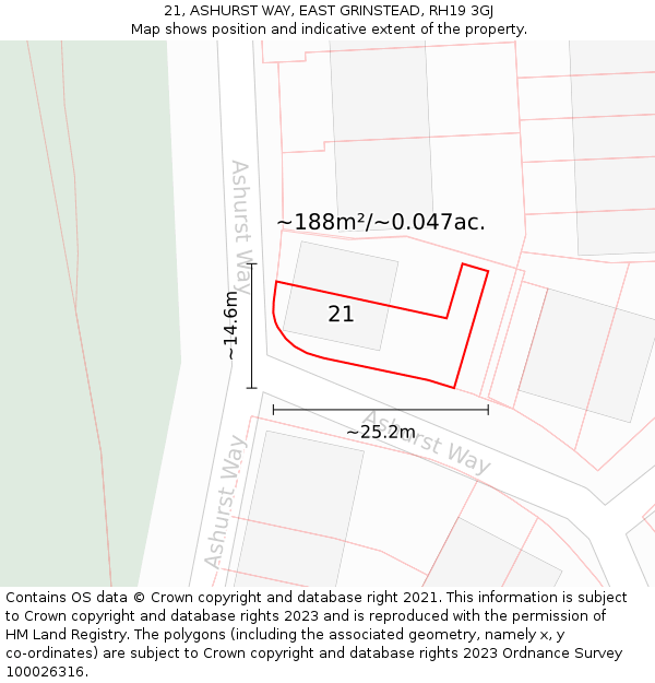 21, ASHURST WAY, EAST GRINSTEAD, RH19 3GJ: Plot and title map