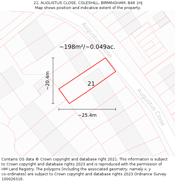 21, AUGUSTUS CLOSE, COLESHILL, BIRMINGHAM, B46 1HJ: Plot and title map