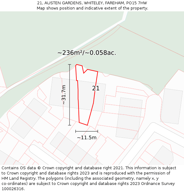 21, AUSTEN GARDENS, WHITELEY, FAREHAM, PO15 7HW: Plot and title map