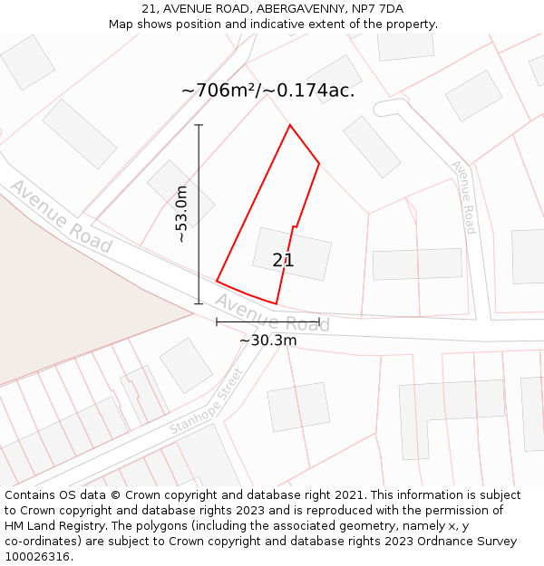 21, AVENUE ROAD, ABERGAVENNY, NP7 7DA: Plot and title map