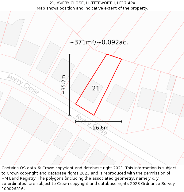 21, AVERY CLOSE, LUTTERWORTH, LE17 4PX: Plot and title map