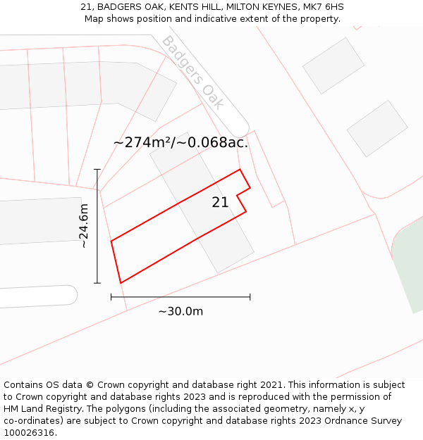 21, BADGERS OAK, KENTS HILL, MILTON KEYNES, MK7 6HS: Plot and title map