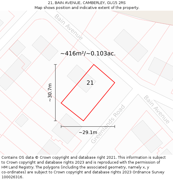 21, BAIN AVENUE, CAMBERLEY, GU15 2RS: Plot and title map