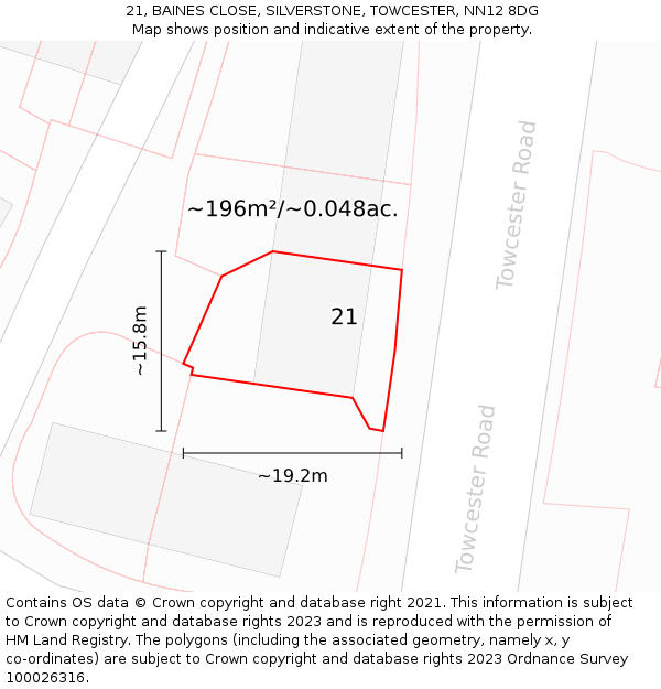 21, BAINES CLOSE, SILVERSTONE, TOWCESTER, NN12 8DG: Plot and title map