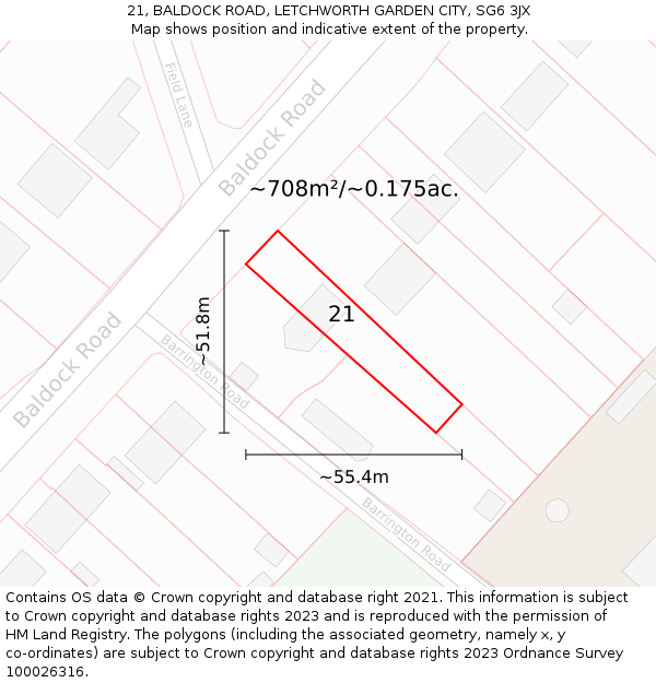 21, BALDOCK ROAD, LETCHWORTH GARDEN CITY, SG6 3JX: Plot and title map