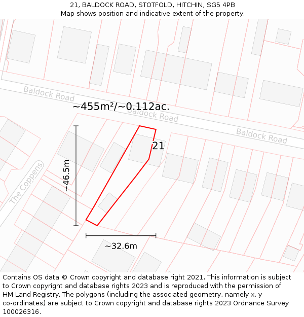 21, BALDOCK ROAD, STOTFOLD, HITCHIN, SG5 4PB: Plot and title map