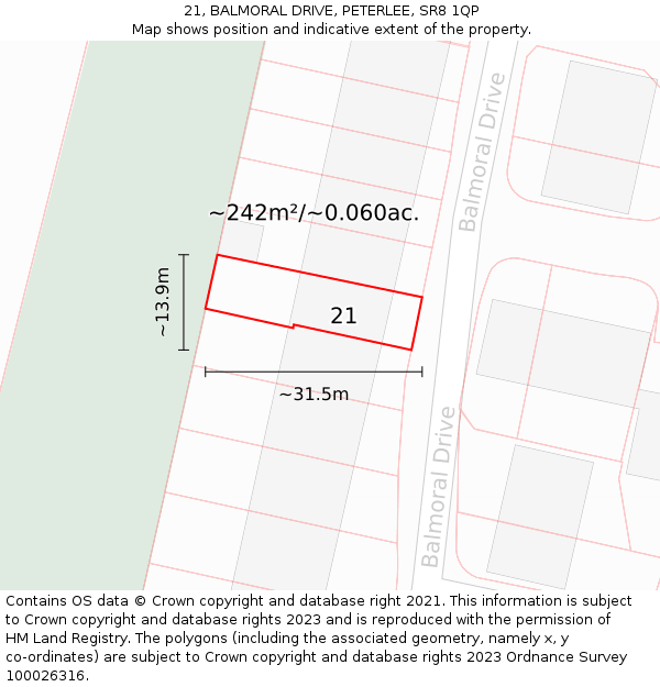 21, BALMORAL DRIVE, PETERLEE, SR8 1QP: Plot and title map