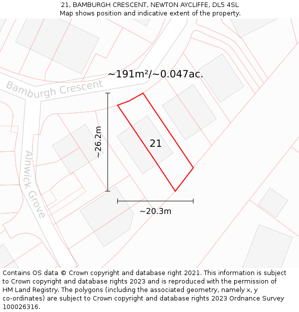 21, BAMBURGH CRESCENT, NEWTON AYCLIFFE, DL5 4SL: Plot and title map