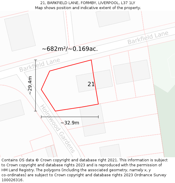 21, BARKFIELD LANE, FORMBY, LIVERPOOL, L37 1LY: Plot and title map