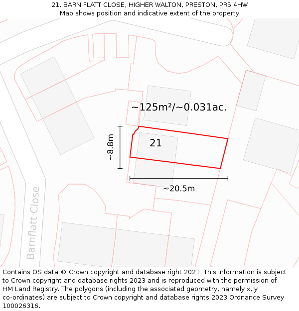 21, BARN FLATT CLOSE, HIGHER WALTON, PRESTON, PR5 4HW: Plot and title map