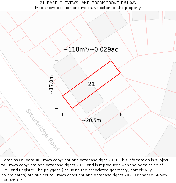 21, BARTHOLEMEWS LANE, BROMSGROVE, B61 0AY: Plot and title map