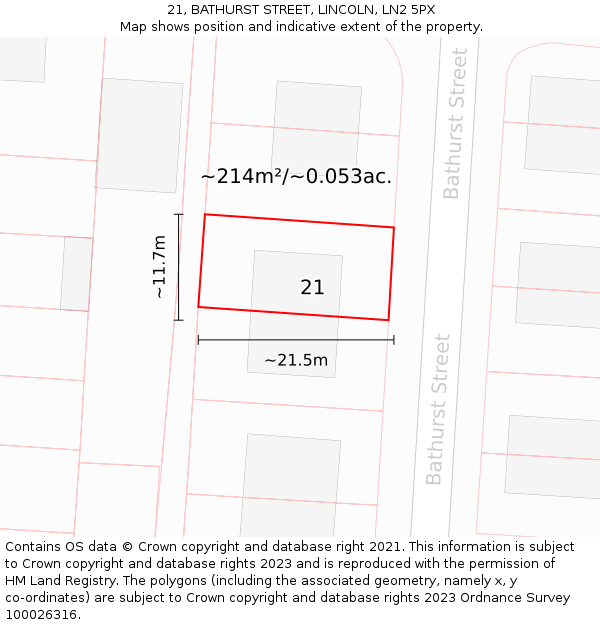 21, BATHURST STREET, LINCOLN, LN2 5PX: Plot and title map