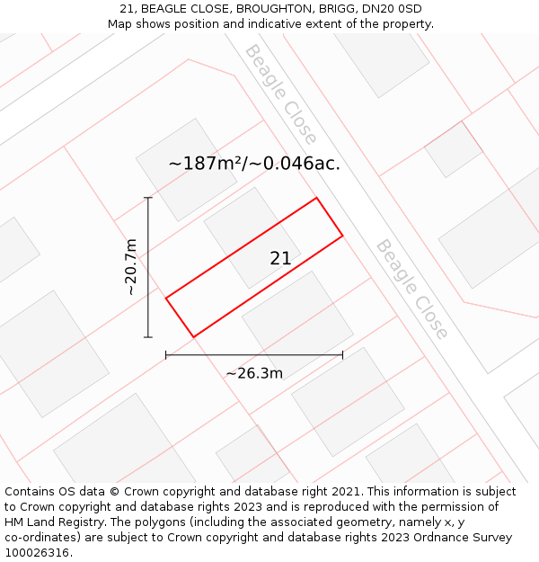 21, BEAGLE CLOSE, BROUGHTON, BRIGG, DN20 0SD: Plot and title map