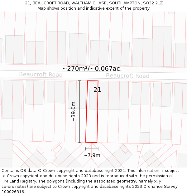 21, BEAUCROFT ROAD, WALTHAM CHASE, SOUTHAMPTON, SO32 2LZ: Plot and title map