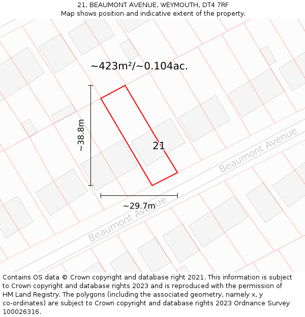 21, BEAUMONT AVENUE, WEYMOUTH, DT4 7RF: Plot and title map