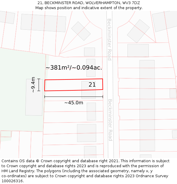 21, BECKMINSTER ROAD, WOLVERHAMPTON, WV3 7DZ: Plot and title map