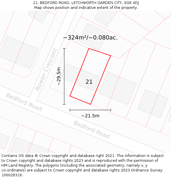 21, BEDFORD ROAD, LETCHWORTH GARDEN CITY, SG6 4DJ: Plot and title map