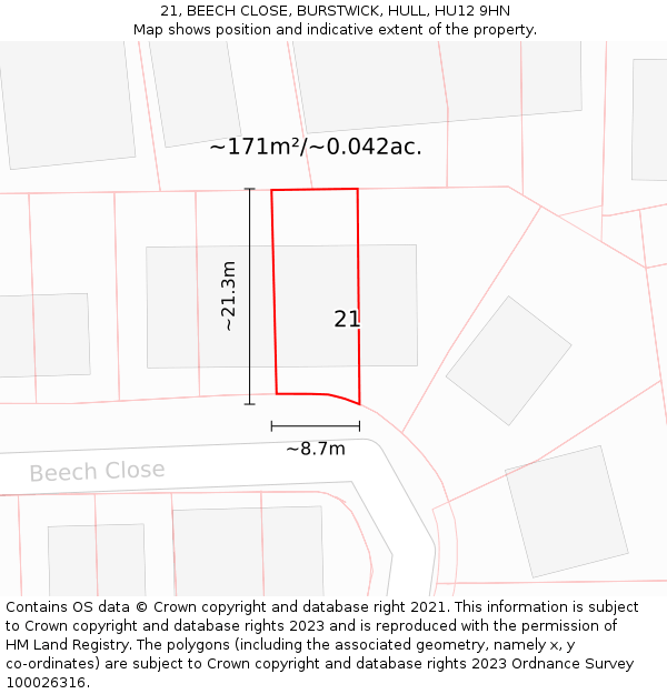 21, BEECH CLOSE, BURSTWICK, HULL, HU12 9HN: Plot and title map