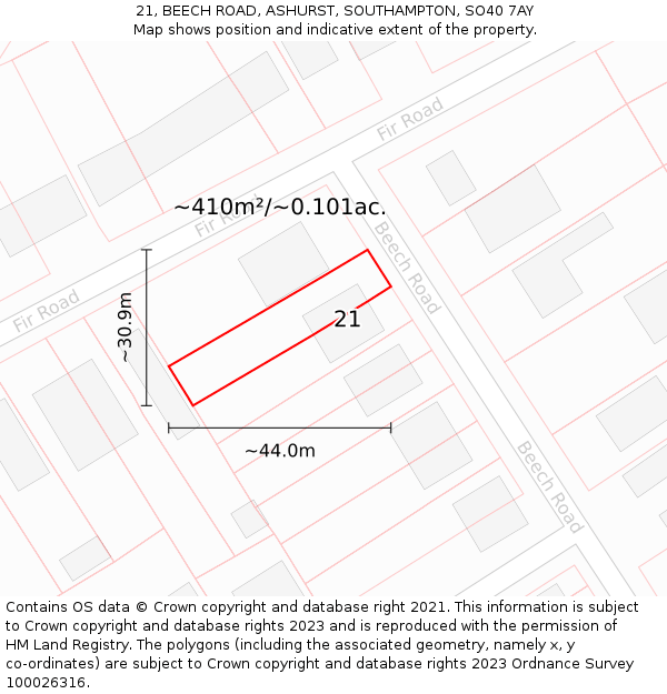 21, BEECH ROAD, ASHURST, SOUTHAMPTON, SO40 7AY: Plot and title map