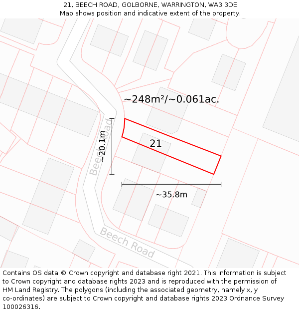 21, BEECH ROAD, GOLBORNE, WARRINGTON, WA3 3DE: Plot and title map