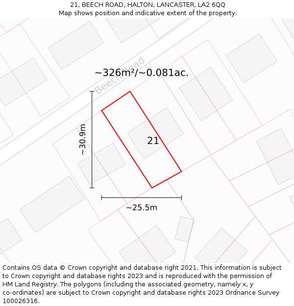 21, BEECH ROAD, HALTON, LANCASTER, LA2 6QQ: Plot and title map