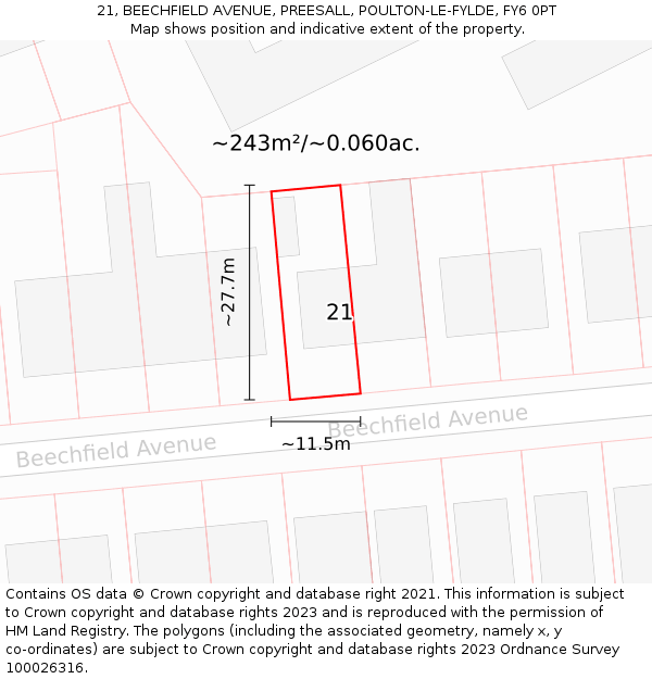 21, BEECHFIELD AVENUE, PREESALL, POULTON-LE-FYLDE, FY6 0PT: Plot and title map